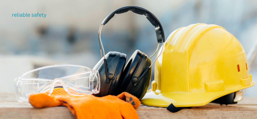 Personal protective equipment including a hard hat, safety glasses, hearing protection and gloves